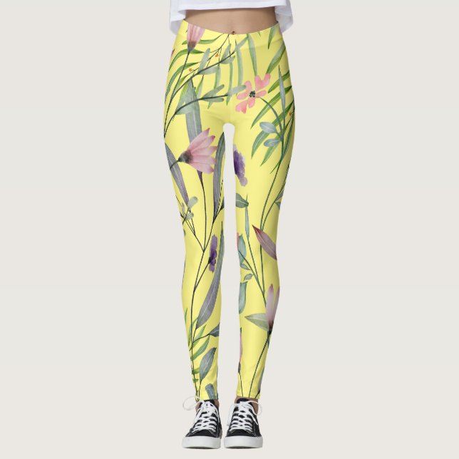 Legging Trabalho de arte amarelo-folhagem magra botânica (Frente)
