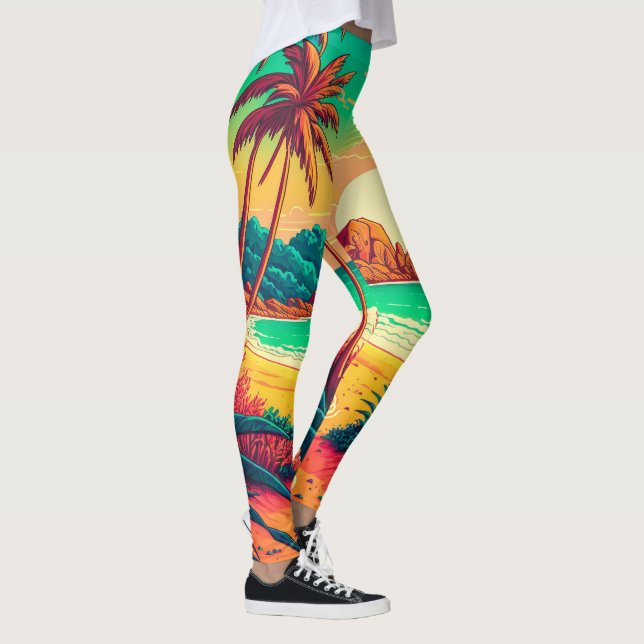 Legging Trabalho de arte de Paisagem Tropical de Verão Col (Direita)