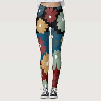 Legging Trabalho de arte floral preto de três tons e azul-