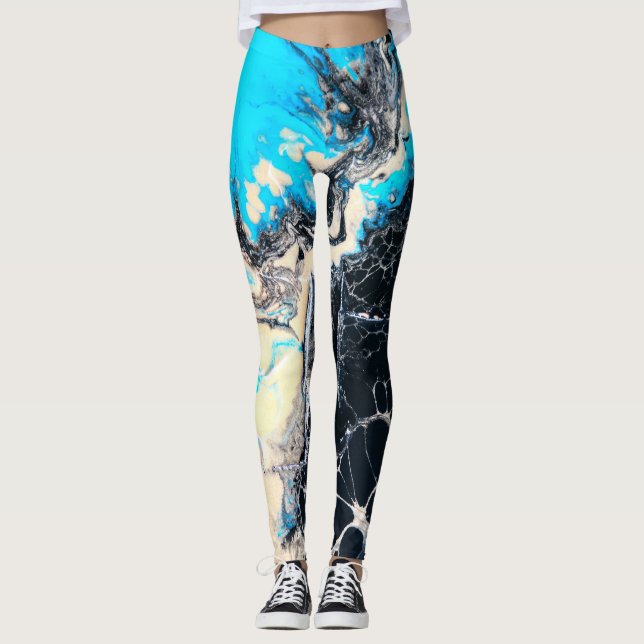 Legging Trabalho de arte fluido ciano e preto da pintura (Frente)