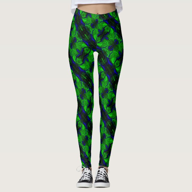 Legging Traços e formas azuis sobre fundo verde. (Frente)