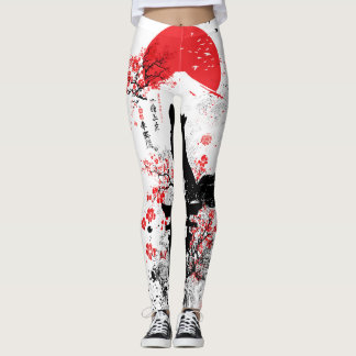 Legging Traditional Red Black Japanese Kitsune Fox with Mo