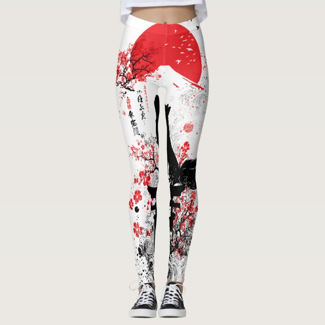 Legging Traditional Red Black Japanese Kitsune Fox with Mo (Frente)