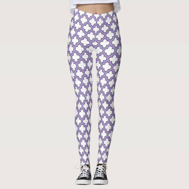 Legging Trellis branca e roxa, lete, quatrefoil (Frente)