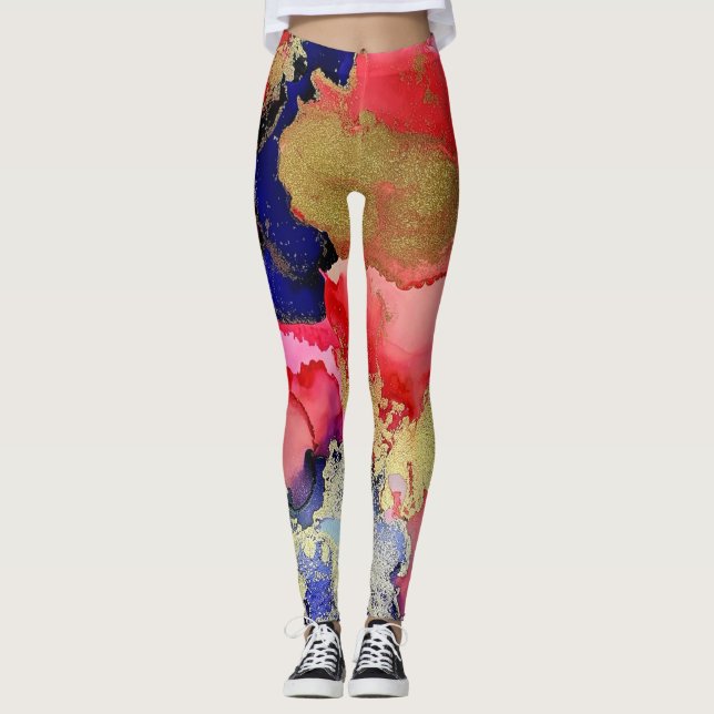 Legging Trendy Blue Red Dourado Arte Líquida (Frente)