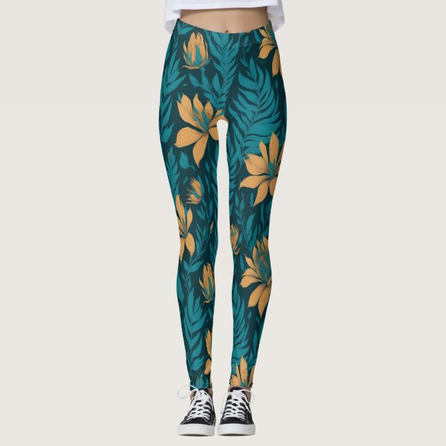 Legging Trendy Teal Deixa Laranja Tropical Padrão Floral L (Frente)