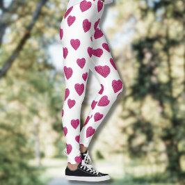 Legging Trendy Valentine Pink Glitter Hearts on White