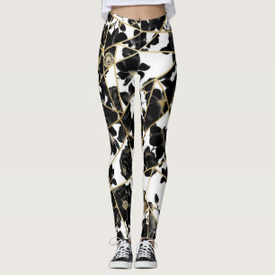 Legging Triângulos Dourados florais pretos abstratos