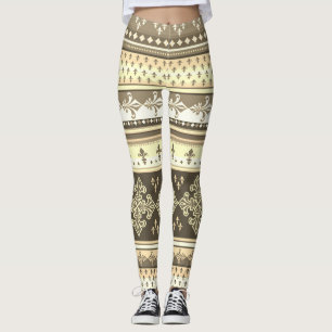 Legging Tribal Ethnic Cream Earth Tones Brown Olive Khaki