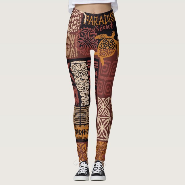 Legging Tribal Havaiano: Patchwork de Tecido Vintage (Frente)