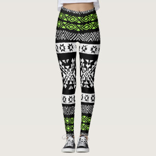 Legging Tribal Navajo, padrão verde branco preto.