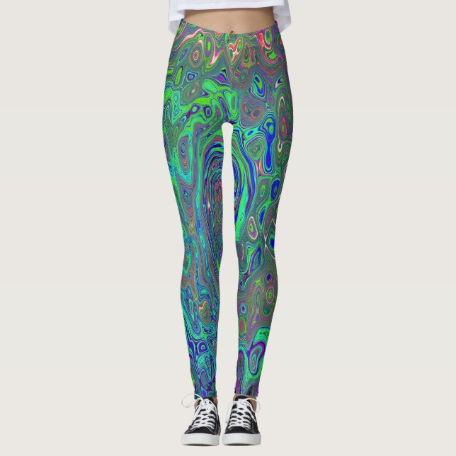 Legging Trippy Chartreuse e Blue Retro Liquid Swirl (Frente)