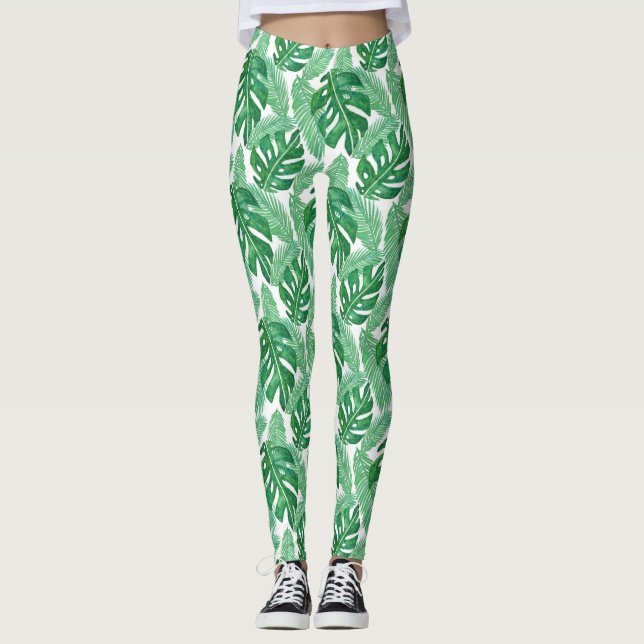 Legging Tropical Monstera Leaf Padrão Verde e Branco (Frente)