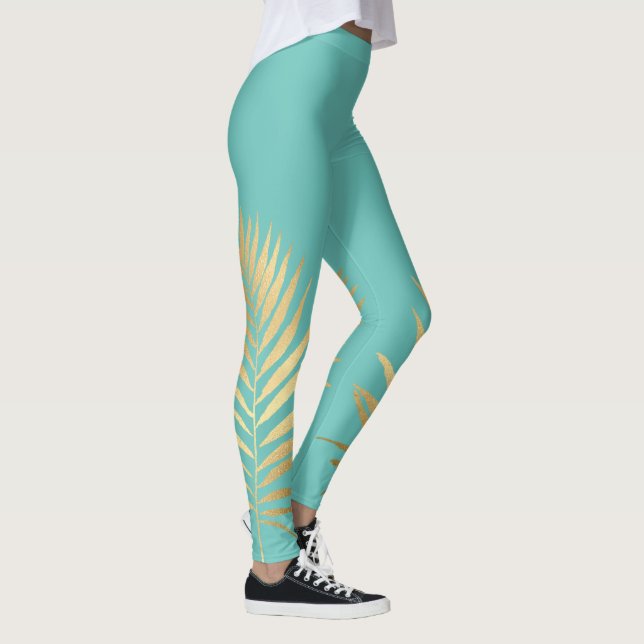Legging Tropical Shimmer Dourada Palm Deixa o Azul Aqua Mo (Direita)