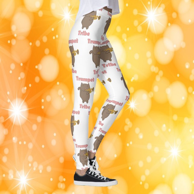 Legging Trumpet Tribe Brown Cat Pink Pattern (A pair of leggings with a pattern of a brown cat playing the trumpet and the words trumpet tribe.)