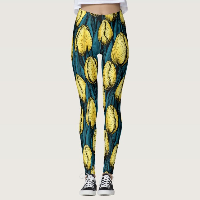 Legging Tulipas amarelas com folhas azuis (Frente)