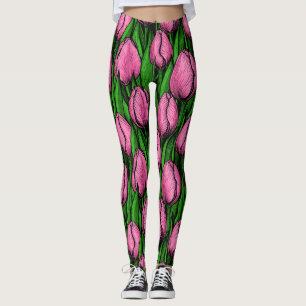 Legging Tulipas cor-de-rosa com folhas verdes