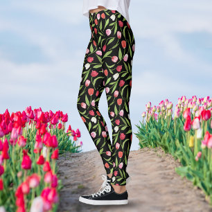 Legging Tulipas da Primavera Vermelhas e Rosas Floral Aqua