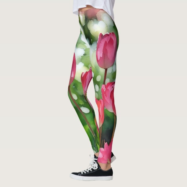 Legging Tulipas de Arte Cor de Água Rosa e Verde (Esquerda)