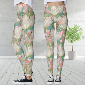 Legging Tulipas Elegantes Azuis-Teais Modernos com Padrão 