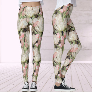 Legging Tulipas Elegantes Negras Modernas com Padrão Doura