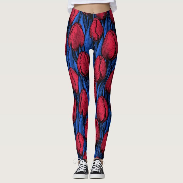 Legging Tulipas em vermelho e azul (Frente)