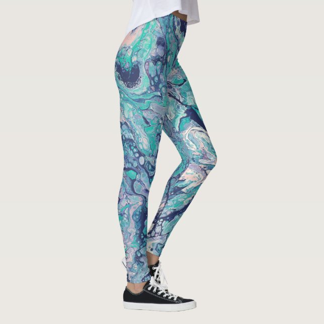 Legging Turquesa, azul, & caneleiras abstratas rosas (Direita)