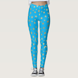 Legging Turquesa Azul com Estrelas e Luas de Folha de Ouro