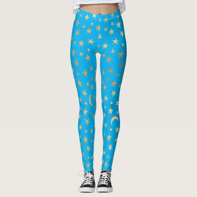 Legging Turquesa Azul com Estrelas e Luas de Folha de Ouro (Frente)