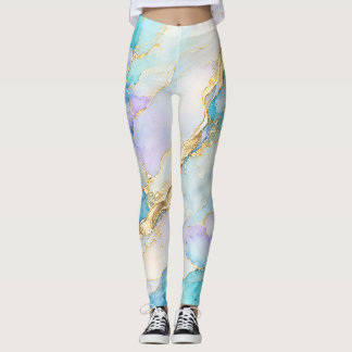 Legging Turquesa Azul Roxo Dourado Mármore Floral Abstrato
