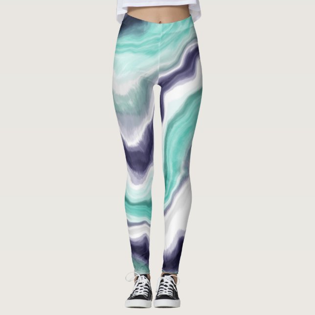 Legging Turquesa, espirais de mármore azul e branco (Frente)