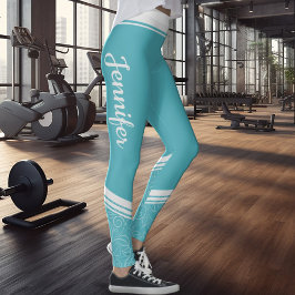 Legging Turquesa listras brancas florais e nomes modernos