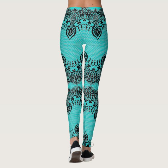 Legging Turquesa Preta-Falsa Das Coxas Da Rede De Pesca (Verso)