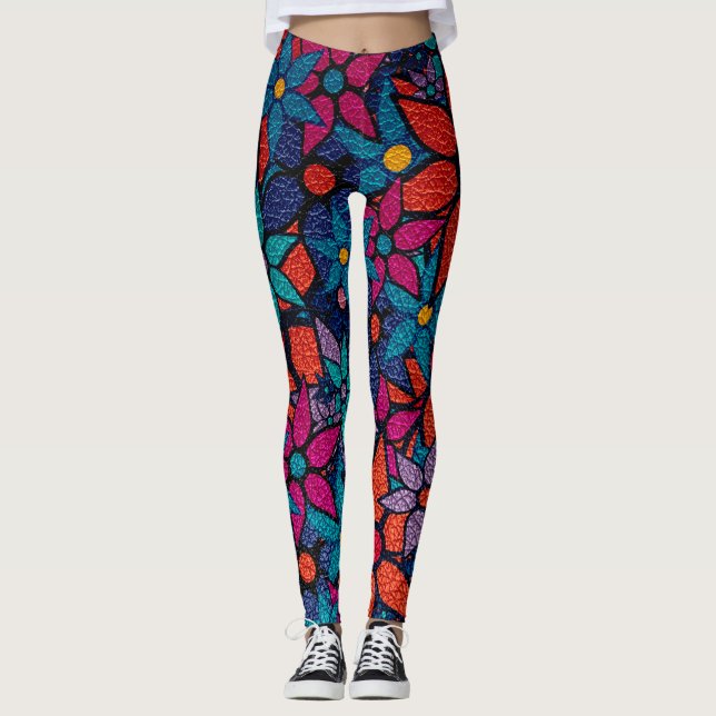 Legging Turquesa Púrpura Cor-de-rosa Laranja Floral (Frente)