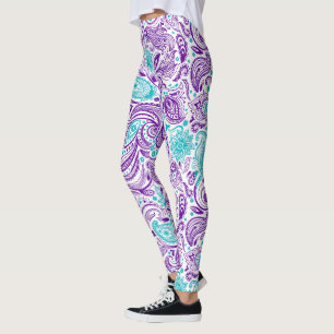 Legging Turquesa roxa e padrão paisley branco