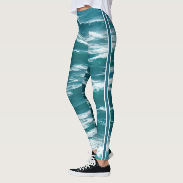 Legging Turquesa Surf Azul Bruto Quebrando Ondas Oceânicas (Esquerda)