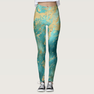 Legging Turquesa Verde Mármore Dourado Abstrato Moderno
