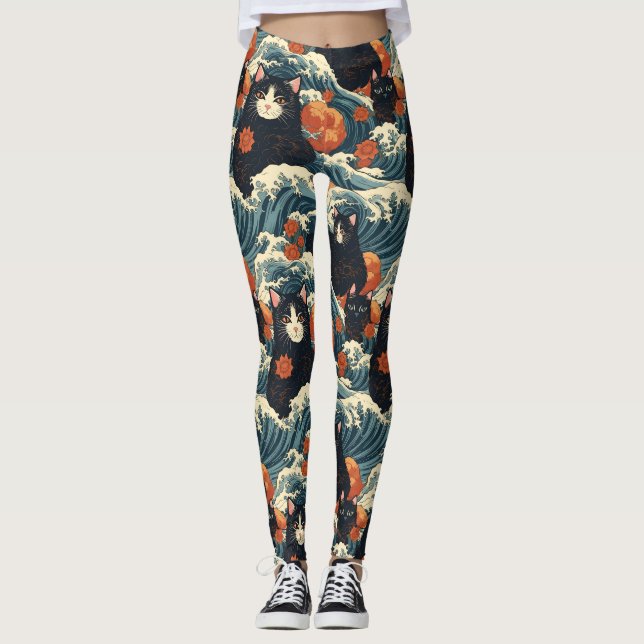 Legging Ukiyo-e Cats do Padrão Kanagawa (Frente)
