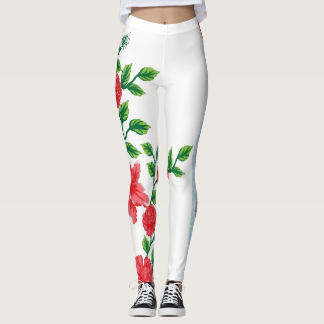 Legging um monte de flores vermelhas num fundo branco (Frente)