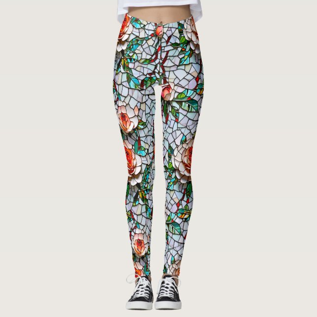 Legging Um Padrão Bonito Faux Mosaico Floral (Frente)