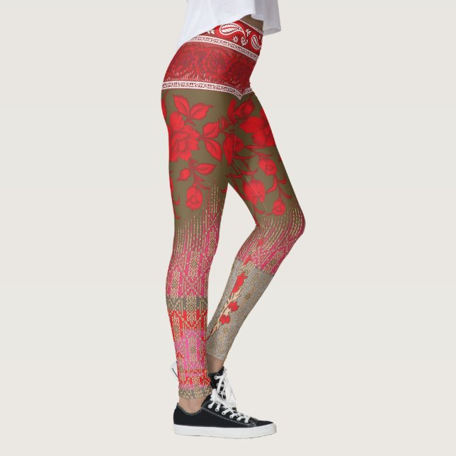 Legging um padrão de pontos cruzados com flores e vinha ve (Direita)