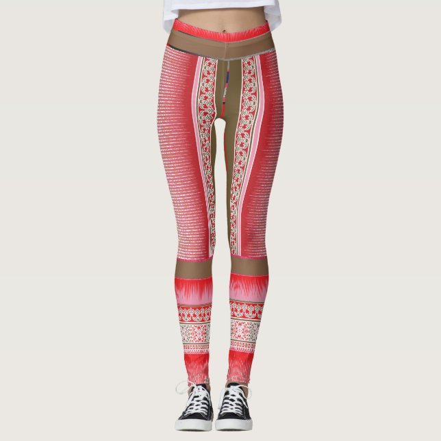 Legging um padrão de pontos cruzados com fundo vermelho (Frente)