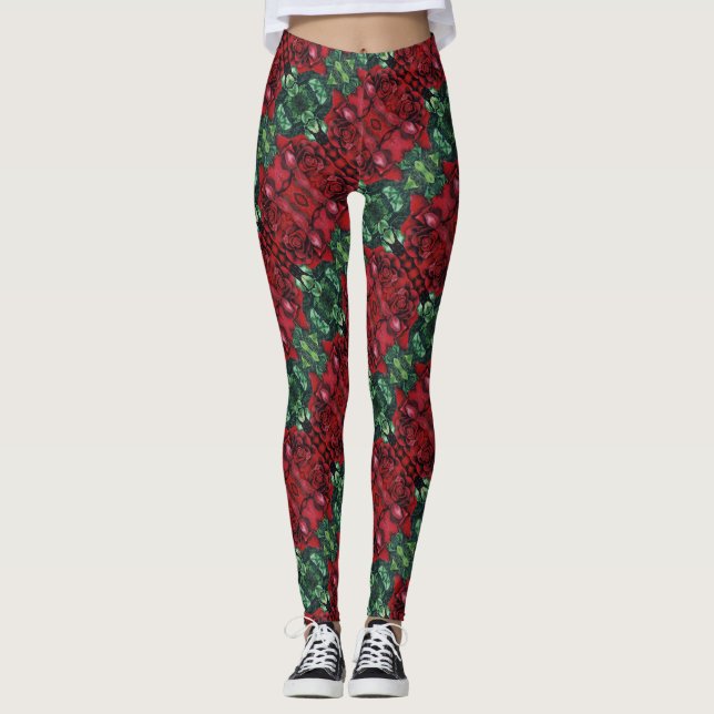 Legging Um rosa floral com abstrato em vermelho e verde (Frente)