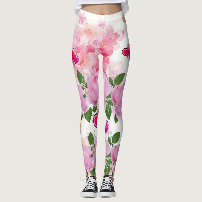 Legging Unhas Amarelas Florais Corações Cor-de-Rosa Polone (Frente)
