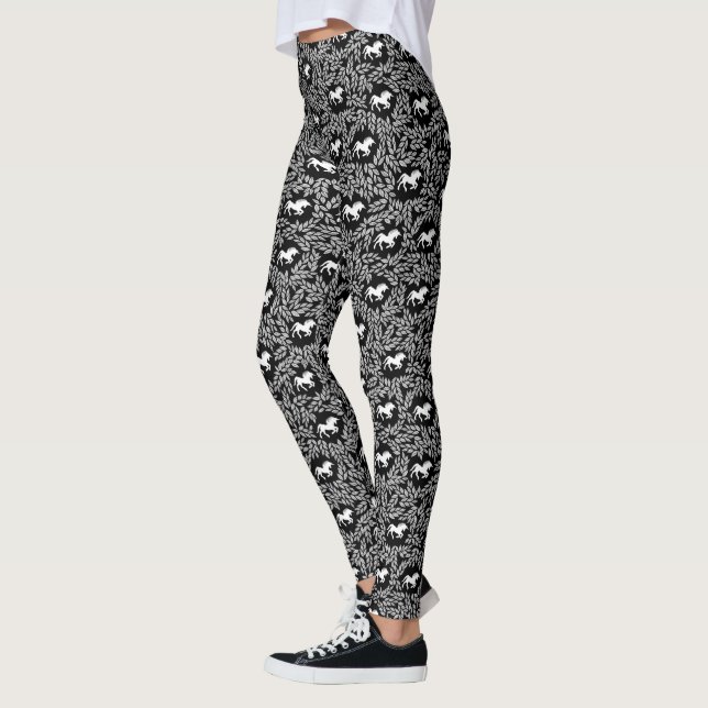 Legging Unicórnio Preto e Branco e Padrão de Folha (Esquerda)