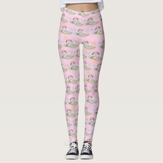 Legging Unicórnios e Rainbows (rosa) (Frente)