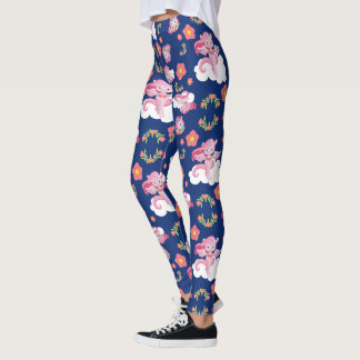 Legging Unicórnios Rosa & Florais em Azul Marinho