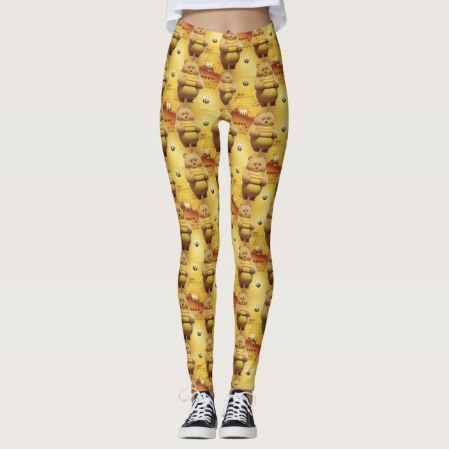 Legging Ursos e Abelhas de Mel Doce 3D Padrão Invisível (Frente)