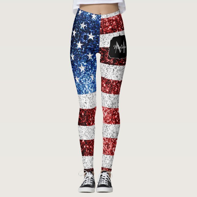 Legging USA flag red white blue sparkles glitters Monogram (Frente)
