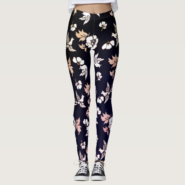 Legging Vaca Elegante E Flores Em Fundo Escuro (Frente)